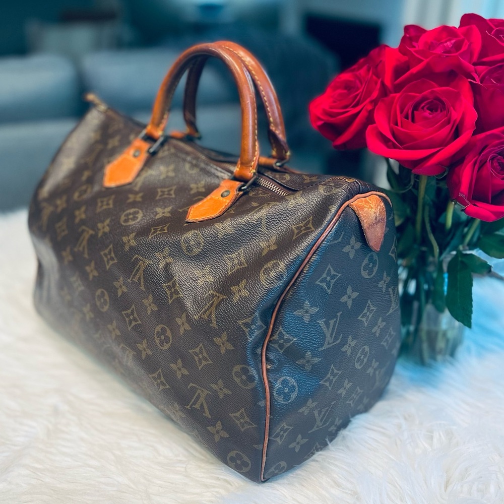 LOUIS VUITTON Brown Monogram Canvas & Leather Speedy 35 Satchel - Picture 3 of 16